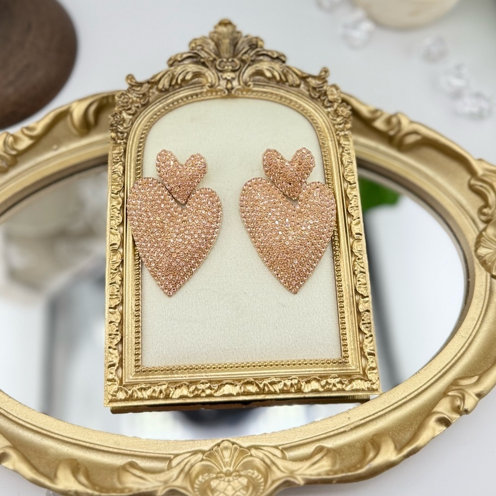 Statement Heart Earrings | Gold-Tone Rhinestone Drop Dangles - Picture 7 of 10